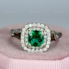 Emerald Halo Gold Engagement Ring: Leaf Art Deco Nature Ring