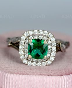 Emerald Halo Gold Engagement Ring: Leaf Art Deco Nature Ring - Image 6
