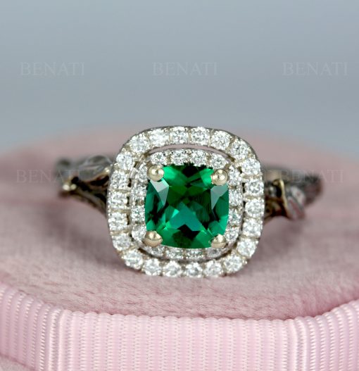 Emerald Halo Gold Engagement Ring: Leaf Art Deco Nature Ring