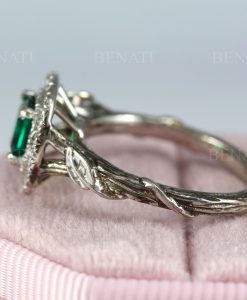 Emerald Halo Gold Engagement Ring: Leaf Art Deco Nature Ring - Image 7