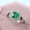 Emerald Halo Gold Engagement Ring: Leaf Art Deco Nature Ring