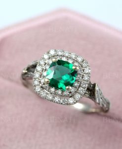 Emerald Halo Gold Engagement Ring: Leaf Art Deco Nature Ring - Image 4
