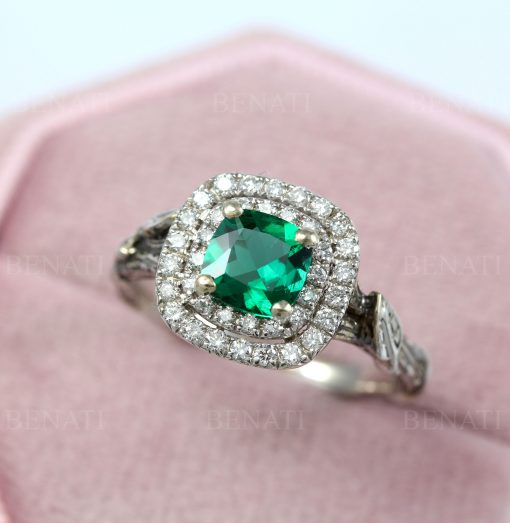 Emerald Halo Gold Engagement Ring: Leaf Art Deco Nature Ring