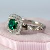 Emerald Halo Gold Engagement Ring: Leaf Art Deco Nature Ring