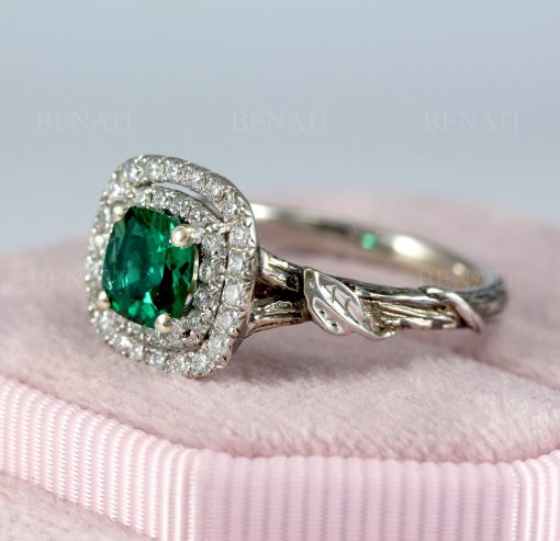 Emerald Halo Gold Engagement Ring: Leaf Art Deco Nature Ring