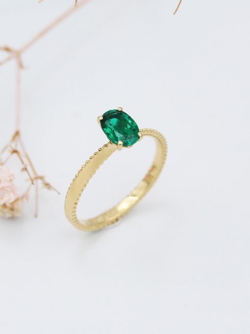 Emerald Engagement Ring: 14k Gold Twisted Band, Lab-Grown Gemstone Emerald Engagement Ring: 14k Gold Twisted Band, Lab-Grown Gemstone