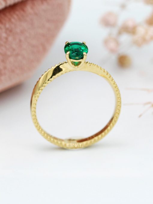 Emerald Engagement Ring: 14k Gold Twisted Band, Lab-Grown Gemstone Emerald Engagement Ring: 14k Gold Twisted Band, Lab-Grown Gemstone
