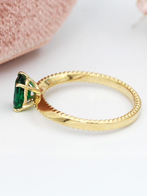 Emerald Engagement Ring: 14k Gold Twisted Band, Lab-Grown Gemstone Emerald Engagement Ring: 14k Gold Twisted Band, Lab-Grown Gemstone
