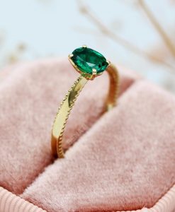 Emerald Engagement Ring: 14k Gold Twisted Band, Lab-Grown Gemstone