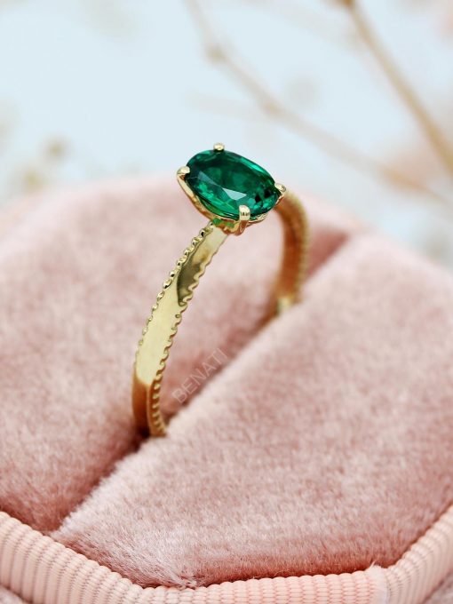 Emerald Engagement Ring: 14k Gold Twisted Band, Lab-Grown Gemstone Emerald Engagement Ring: 14k Gold Twisted Band, Lab-Grown Gemstone