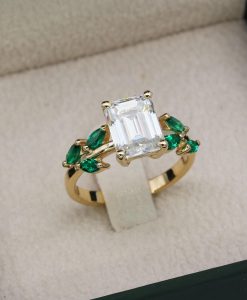 Emerald Cut Moissanite Engagement Ring 14K Gold Leaf Nature Inspired Botanical - Image 4