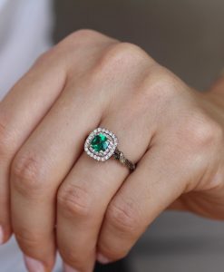Emerald Halo Gold Engagement Ring: Leaf Art Deco Nature Ring - Image 8