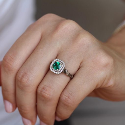Emerald Halo Gold Engagement Ring: Leaf Art Deco Nature Ring