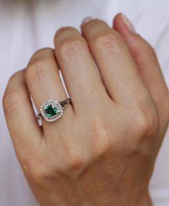 Emerald Halo Gold Engagement Ring: Leaf Art Deco Nature Ring