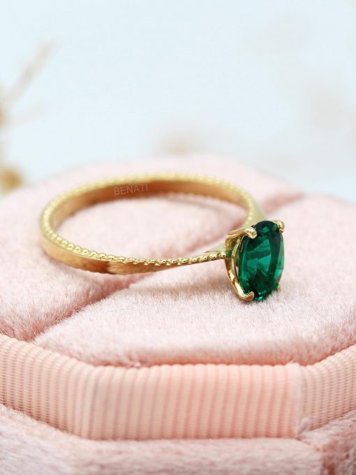 Emerald Engagement Ring: 14k Gold Twisted Band, Lab-Grown Gemstone Emerald Engagement Ring: 14k Gold Twisted Band, Lab-Grown Gemstone