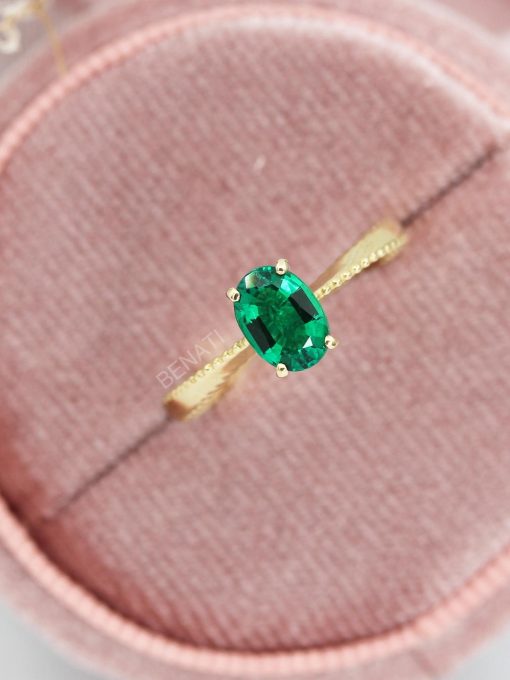 Emerald Engagement Ring: 14k Gold Twisted Band, Lab-Grown Gemstone Emerald Engagement Ring: 14k Gold Twisted Band, Lab-Grown Gemstone