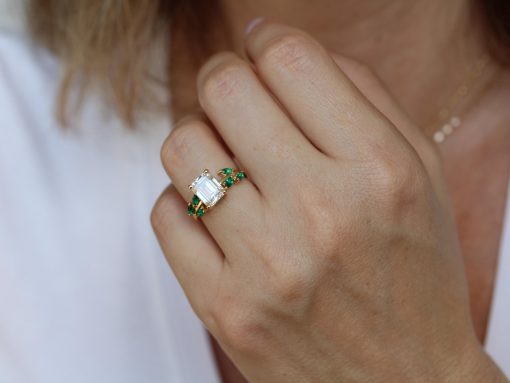 Emerald Cut Moissanite Engagement Ring 14K Gold Leaf Nature Inspired Botanical