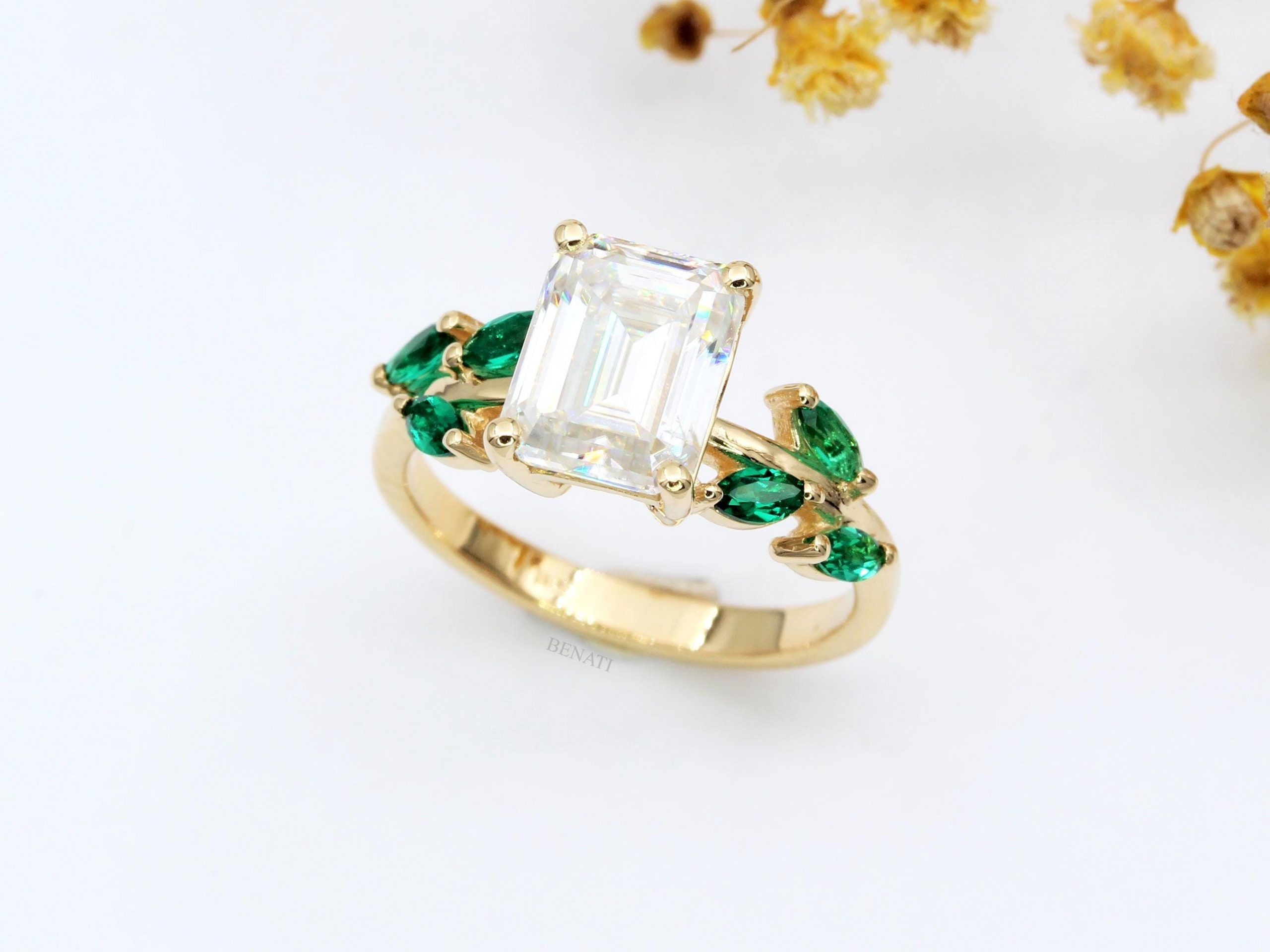 Emerald Cut Moissanite Engagement Ring 14K Gold Leaf Nature Inspired Botanical