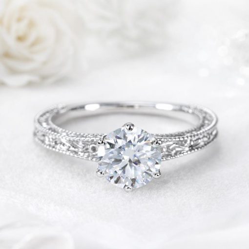 Lab Grown Diamond Engagement Ring Scroll Filigree Antique Style Sterling Silver