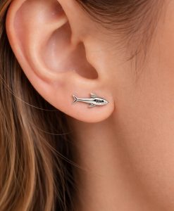 Sterling Silver Shark Stud Earrings, Minimalist Ocean Animal Jewelry - Image 3