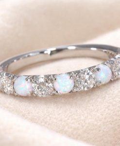 Solid Gold Opal Lab Diamond Eternity Band 3mm Promise Wedding Stackable Ring - Image 3