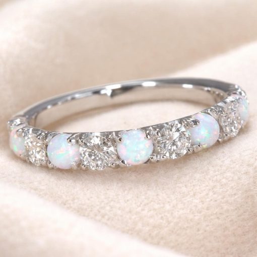 Solid Gold Opal Lab Diamond Eternity Band 3mm Promise Wedding Stackable Ring