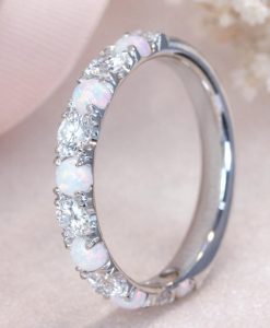 Solid Gold Opal Lab Diamond Eternity Band 3mm Promise Wedding Stackable Ring - Image 5