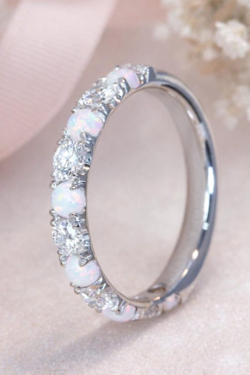 Solid Gold Opal Lab Diamond Eternity Band 3mm Promise Wedding Stackable Ring