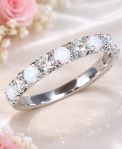Solid Gold Opal Lab Diamond Eternity Band 3mm Promise Wedding Stackable Ring - Image 2