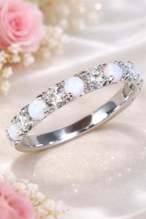 Solid Gold Opal Lab Diamond Eternity Band 3mm Promise Wedding Stackable Ring