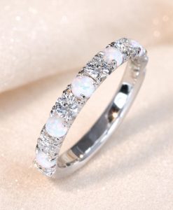 Solid Gold Opal Lab Diamond Eternity Band 3mm Promise Wedding Stackable Ring
