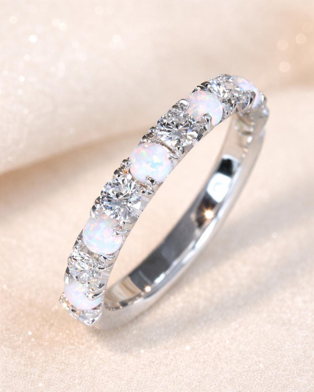 Solid Gold Opal Lab Diamond Eternity Band 3mm Promise Wedding Stackable Ring