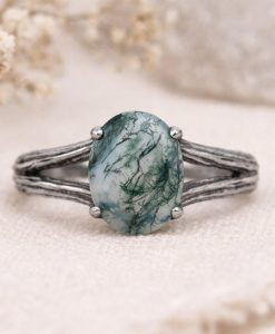 Oval Moss Agate Wood Texture Ring: 14k White Gold Split Band Band - Image 3