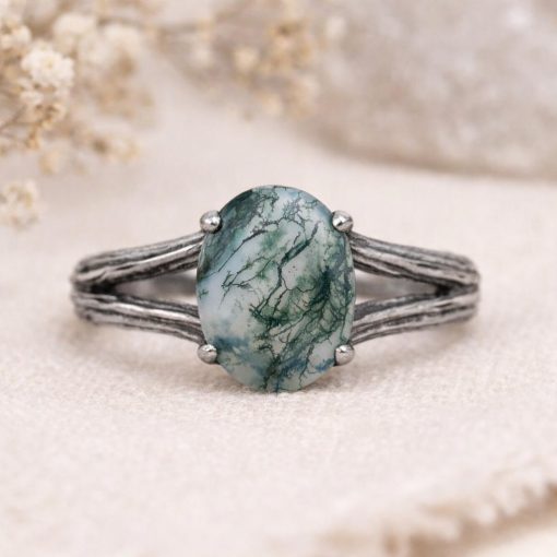 Oval Moss Agate Wood Texture Ring: 14k White Gold Split Band Band Oval Moss Agate Wood Texture Ring: 14k White Gold Split Band Band