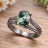 Oval Moss Agate Wood Texture Ring: 14k White Gold Split Band Band Oval Moss Agate Wood Texture Ring: 14k White Gold Split Band Band