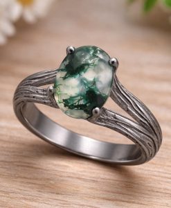 Oval Moss Agate Wood Texture Ring: 14k White Gold Split Band Band - Image 4