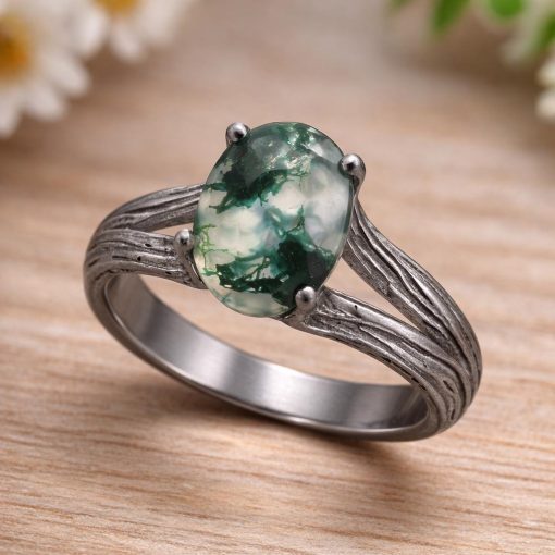 Oval Moss Agate Wood Texture Ring: 14k White Gold Split Band Band Oval Moss Agate Wood Texture Ring: 14k White Gold Split Band Band