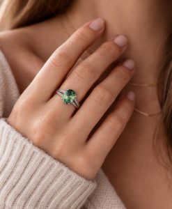Oval Moss Agate Wood Texture Ring: 14k White Gold Split Band Band - Image 5
