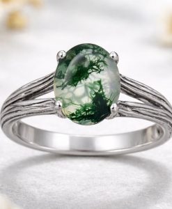 Oval Moss Agate Wood Texture Ring: 14k White Gold Split Band Band