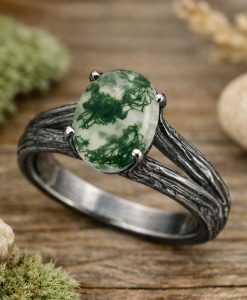 Oval Moss Agate Wood Texture Ring: 14k White Gold Split Band Band - Image 6