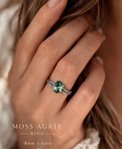 Oval Moss Agate Wood Texture Ring: 14k White Gold Split Band Band - Image 2