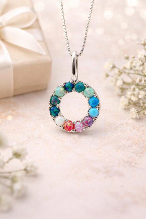 Rainbow Opal Circle Pendant | Sterling Silver Halo Necklace Mother’s Day Gift