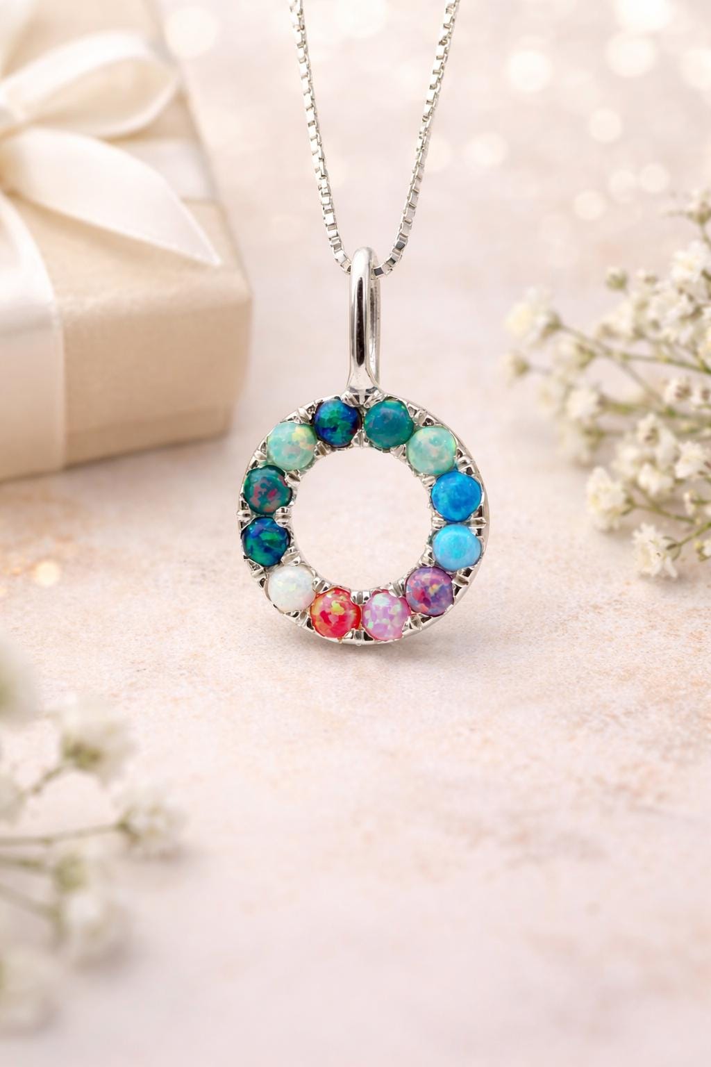 Rainbow Opal Circle Pendant | Sterling Silver Halo Necklace Gift