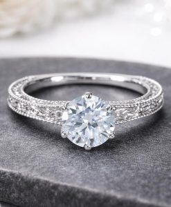 Lab Grown Diamond Engagement Ring Scroll Filigree Antique Style Sterling Silver