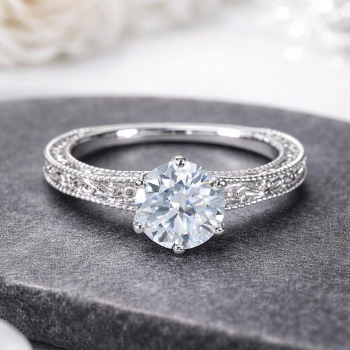 Lab Grown Diamond Engagement Ring Scroll Filigree Antique Style Sterling Silver