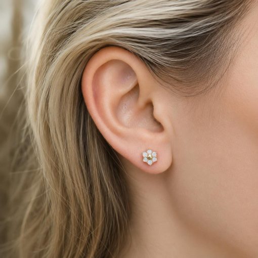 Opal Flower Stud Earrings in 14K Rose Gold | Dainty Opal Cluster Earrings | Minimalist Floral Earrings | October Birthstone Gift