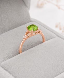 Peridot Gold Ring, Diamond Accent Engagement Ring, Green Gemstone Ring, Vintage Inspired Gold Promise Ring, Nature Inspired Ring - Image 3