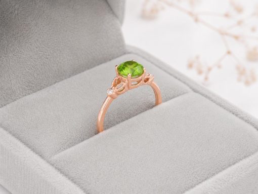 Peridot Gold Ring, Diamond Accent Engagement Ring, Green Gemstone Ring, Vintage Inspired Gold Promise Ring, Nature Inspired Ring