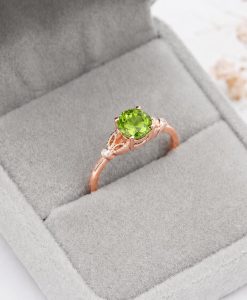 Peridot Gold Ring, Diamond Accent Engagement Ring, Green Gemstone Ring, Vintage Inspired Gold Promise Ring, Nature Inspired Ring - Image 5