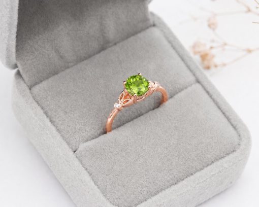Peridot Gold Ring, Diamond Accent Engagement Ring, Green Gemstone Ring, Vintage Inspired Gold Promise Ring, Nature Inspired Ring